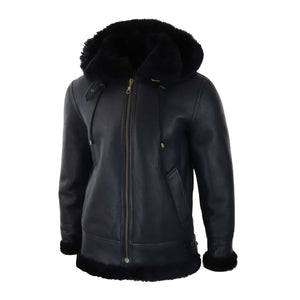 Men's Leather Sherling Sheepskin Hood Jacket Aviator Flying Pilot - Black - Infinity Leather - 2
