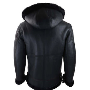 Men's Leather Sherling Sheepskin Hood Jacket Aviator Flying Pilot - Black - Infinity Leather - 7