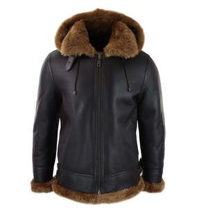 Men's Leather Sherling Sheepskin Hood Jacket Aviator Flying Pilot - Brown - Infinity Leather - 15