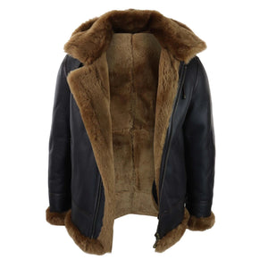 Men's Leather Sherling Sheepskin Hood Jacket Aviator Flying Pilot - Brown - Infinity Leather - 19