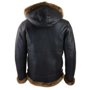 Men's Leather Sherling Sheepskin Hood Jacket Aviator Flying Pilot - Brown - Infinity Leather - 20