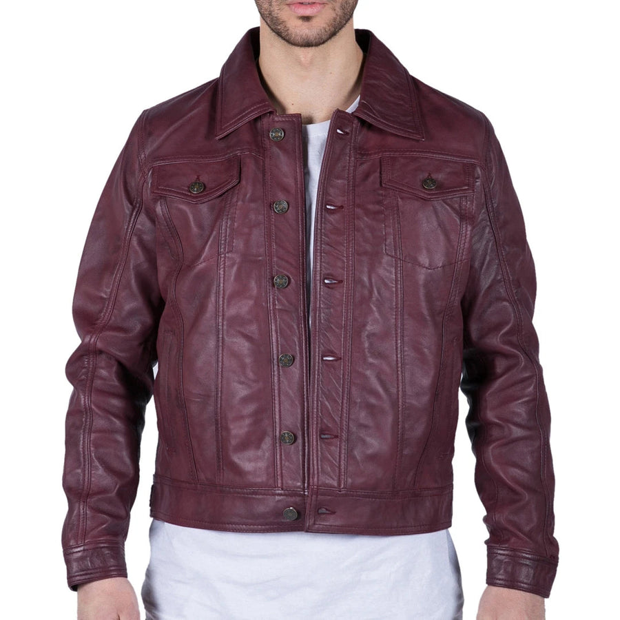 Kurtka koszulowa męska skórzana bordowy wino jeans Brando klasyczna - Infinity Leather - 1