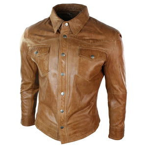 Herren Echtleder Jacke Schwarz Braun Lederhemd Retro Vintage Design - Hellbraun - Infinity Leather - 2
