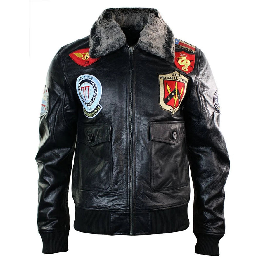 Herren-Flieger-Bomberjacke aus Leder der US Aviator Air Force mit schwarzem Pelzkragen - Aviatrix - 1