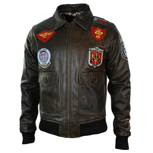 Herren-Flieger-Bomberjacke aus Leder der US Aviator Air Force mit schwarzem Pelzkragen - Braun - Aviatrix - 9