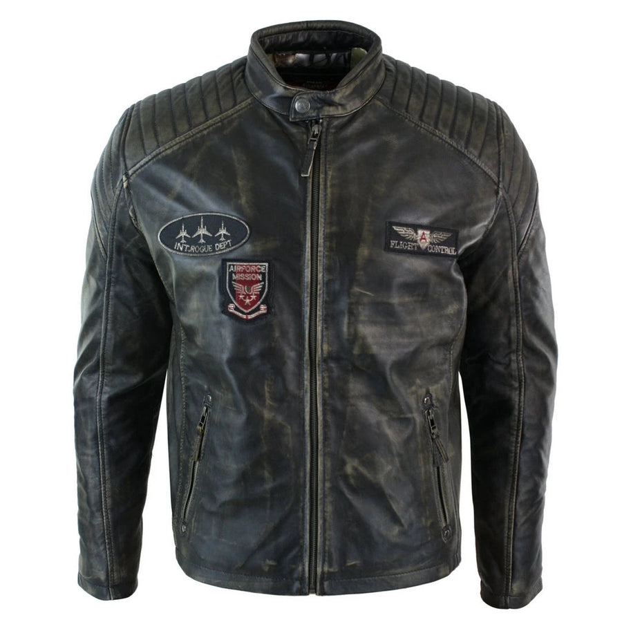 Men's Leather Washed Biker Airforce Jacket Distressed Fit - Aviatrix - 1
