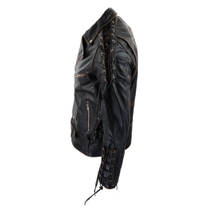 Czarna kurtka motocyklowa męska ze skóry bydlęcej z ukośnym zamkiem - Infinity Leather - 5