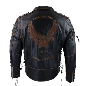 Czarna kurtka motocyklowa męska ze skóry bydlęcej z ukośnym zamkiem - Infinity Leather - 7