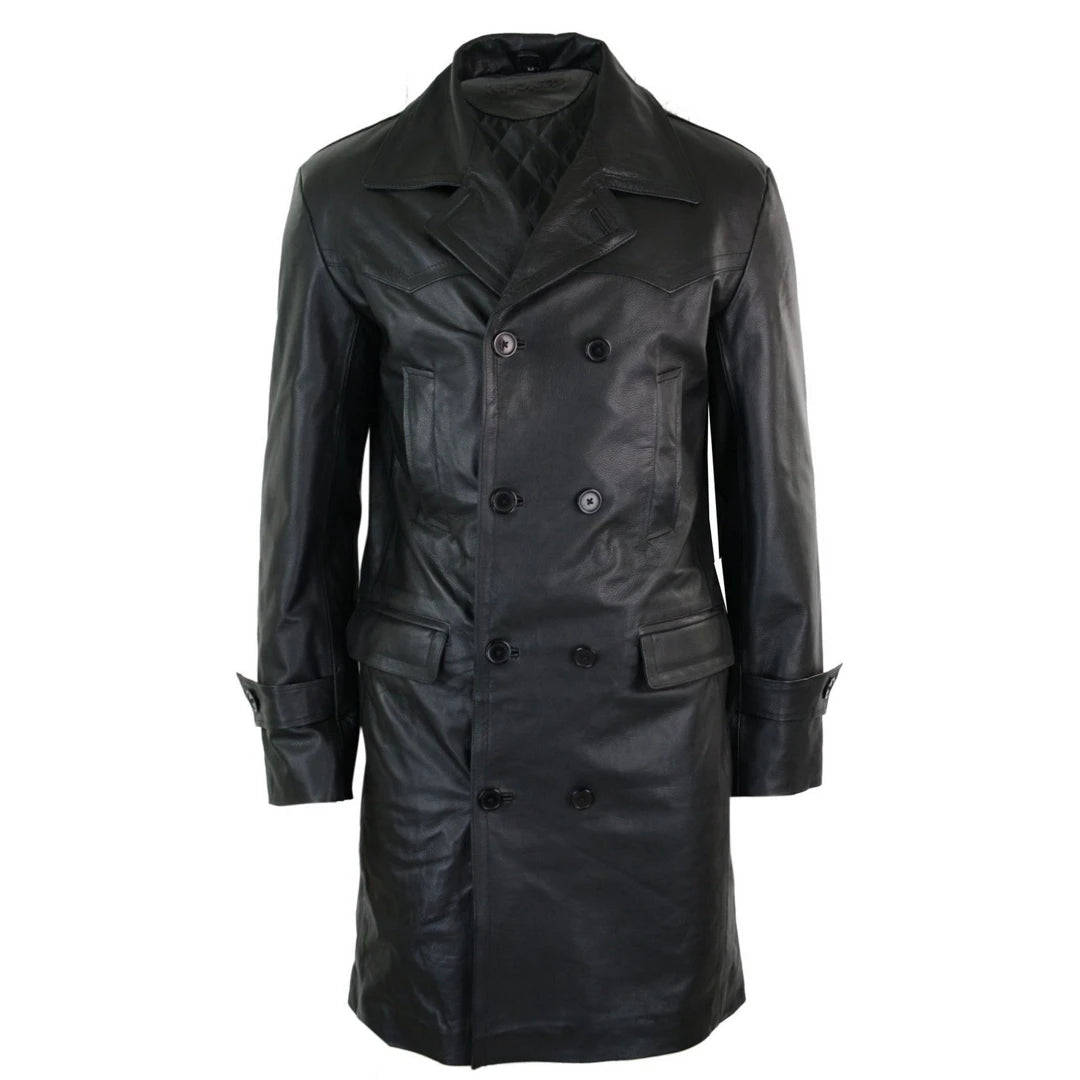 Giacca Lunga da Uomo in Vera Pelle Nera Stile a Doppio Petto Punk dr Who - Infinity Leather - 1