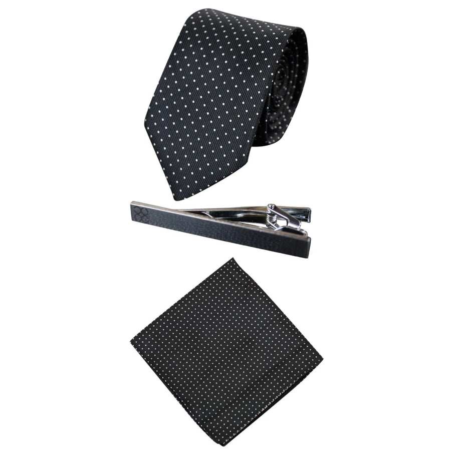 Cavani Herren Krawatte Und Einstecktuch Set Sati Design Polka Hochzeit Abschlussball Office - Schwarz - House of Cavani - 1