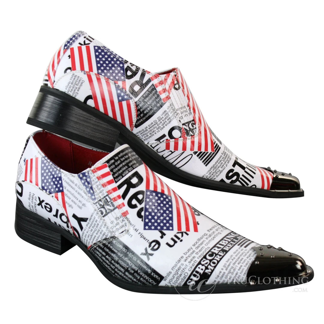 Mens Metal Toe Cowboy Western Pointed US Flag White Fancy Riding Shoes Slip On-TruClothing