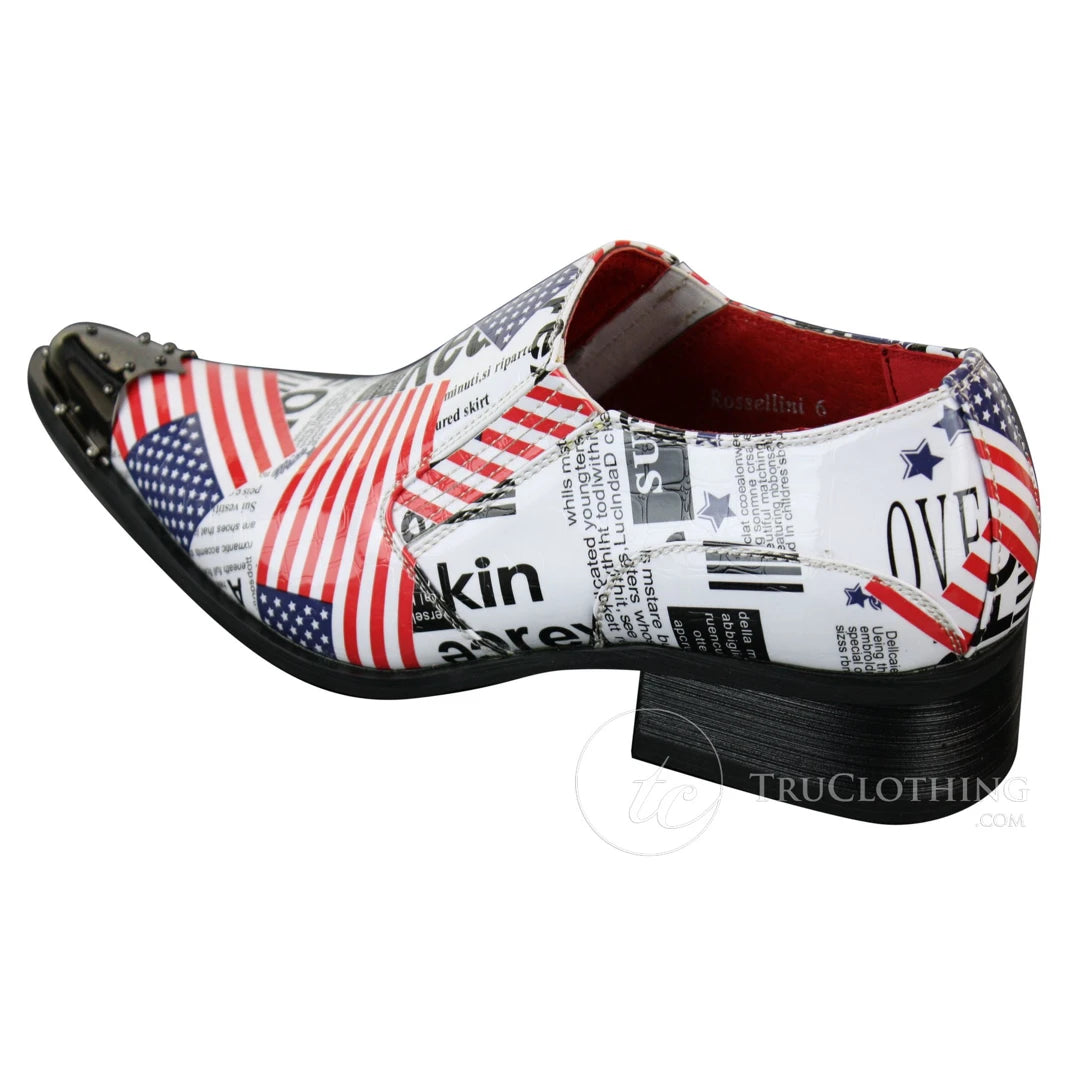 Mens Metal Toe Cowboy Western Pointed US Flag White Fancy Riding Shoes Slip On-TruClothing