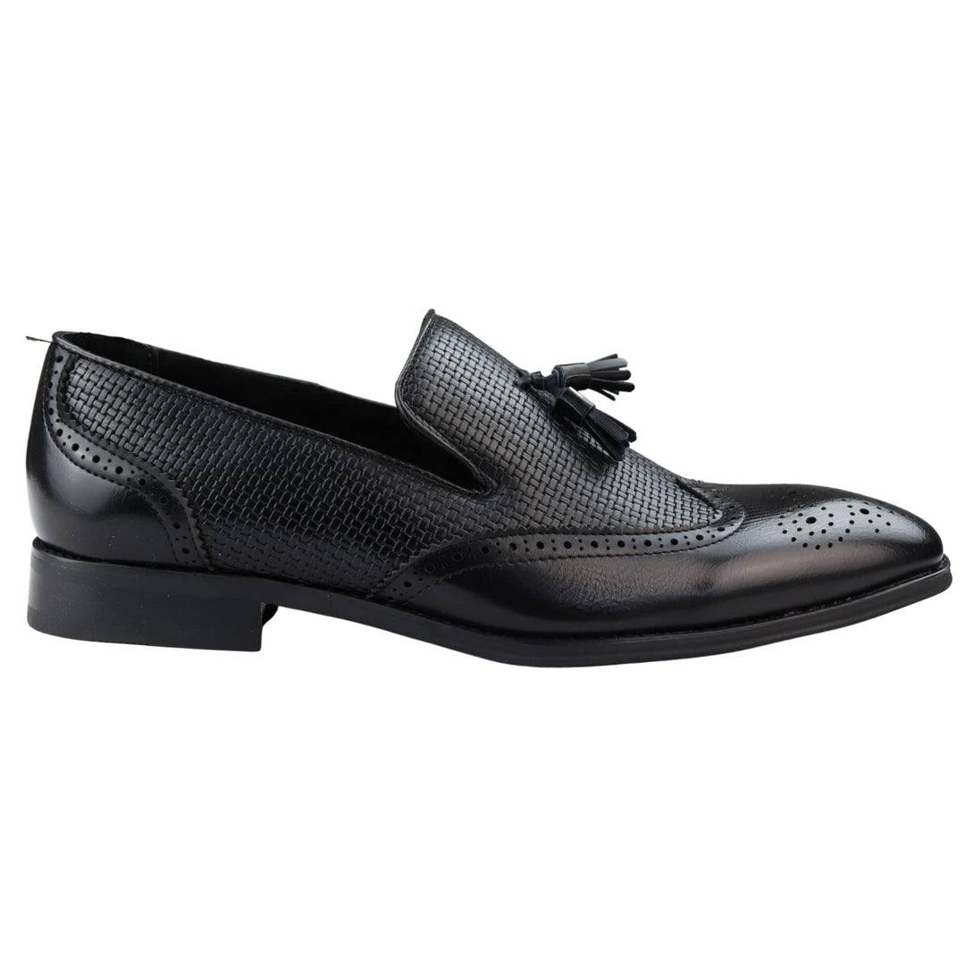 Men's Moccasin Loafers Shoes Leather Lined Slip On Tassel Trim Smart Formal Shoe - Black - Dolcetto - 1