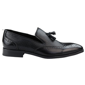 Men's Moccasin Loafers Shoes Leather Lined Slip On Tassel Trim Smart Formal Shoe - Black - Dolcetto - 1