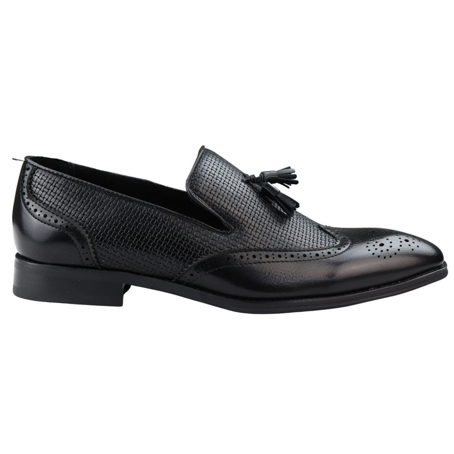 Men's Moccasin Loafers Shoes Leather Lined Slip On Tassel Trim Smart Formal Shoe - Black - Dolcetto - 1