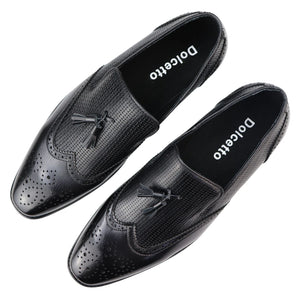 Men's Moccasin Loafers Shoes Leather Lined Slip On Tassel Trim Smart Formal Shoe - Black - Dolcetto - 4