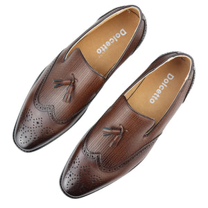 Men's Moccasin Loafers Shoes Leather Lined Slip On Tassel Trim Smart Formal Shoe - Brown - Dolcetto - 10