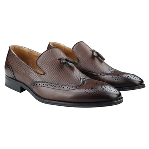 Men's Moccasin Loafers Shoes Leather Lined Slip On Tassel Trim Smart Formal Shoe - Brown - Dolcetto - 8