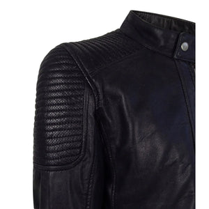 Męska granatowa postarzana skórzana kurtka z kołnierzem Nehru - Infinity Leather - 4