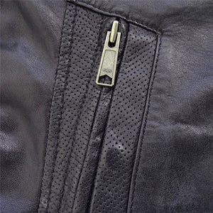 Męska granatowa postarzana skórzana kurtka z kołnierzem Nehru - Infinity Leather - 5
