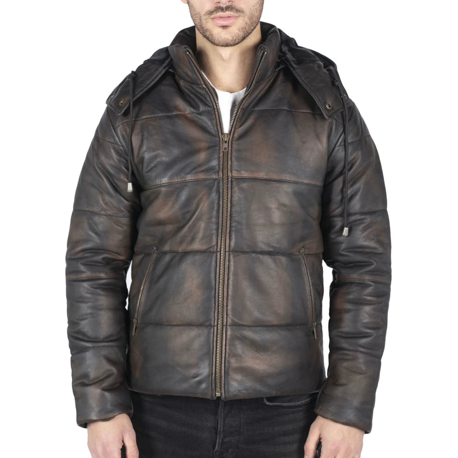 Blouson matelassé pour homme en cuir véritable marron ou noir avec capuche style rétro années 80 - Infinity Leather - 1
