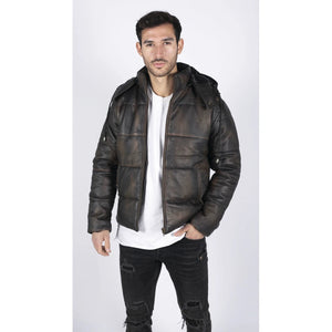 Blouson matelassé pour homme en cuir véritable marron ou noir avec capuche style rétro années 80 - Infinity Leather - 3