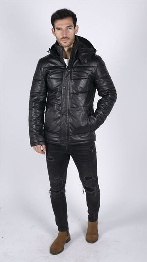 Kurtka puchowa z kapturem pikowana męska skórzana czarna klasyka lat 80 - Infinity Leather - 4