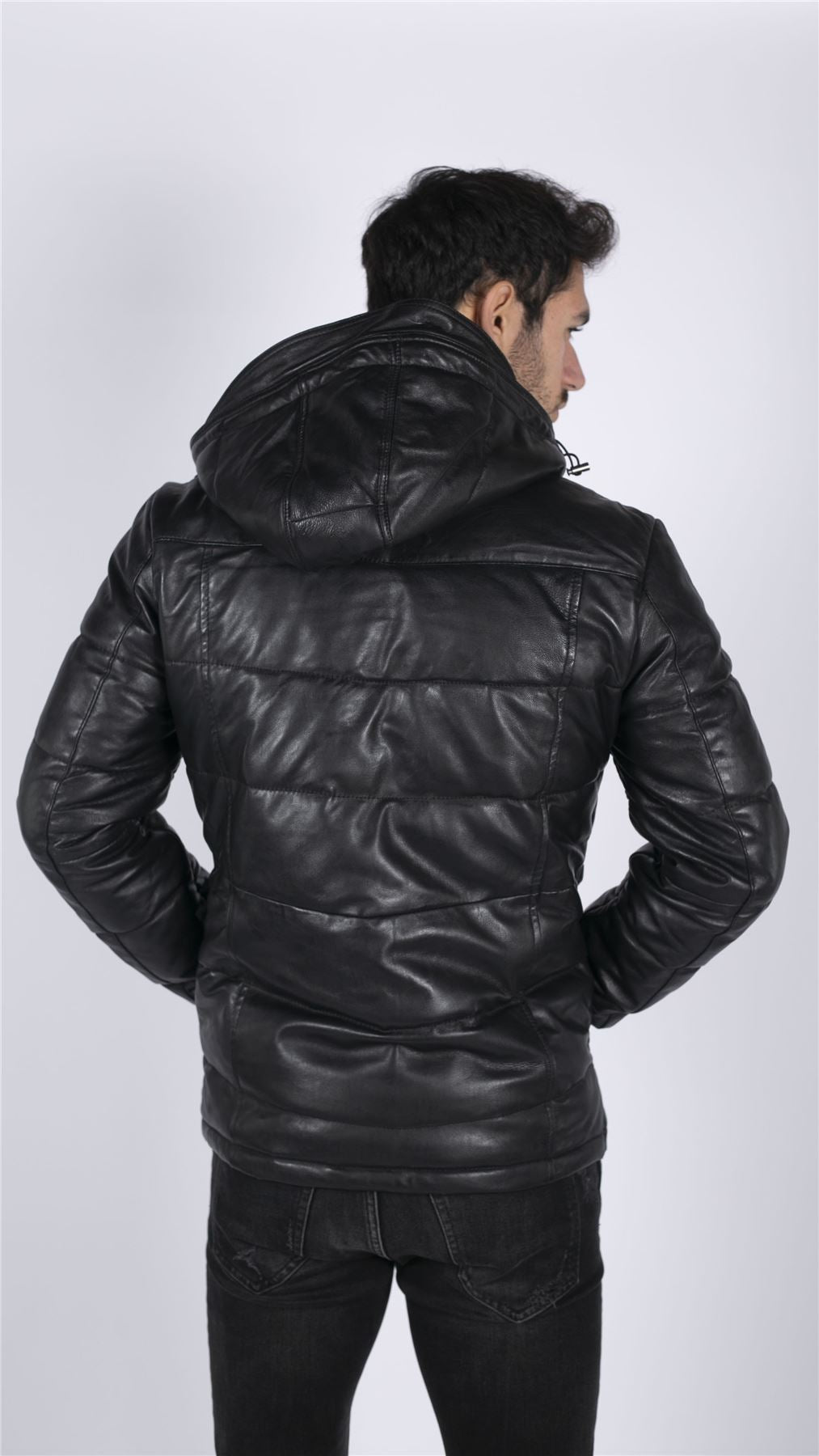 Mens Puffer Hood Quilted Jacket Real Leather Black Casual Retro 80s Classic Casual-TruClothing
