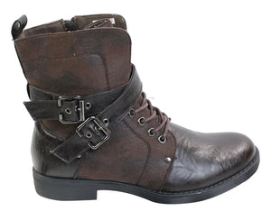 Mens Punk Rock Goth Emo Ankle Boots Brown Black Leather Buckle - Elong - 4