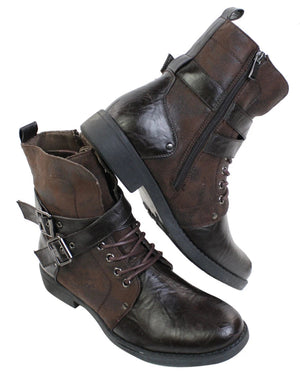Mens Punk Rock Goth Emo Ankle Boots Brown Black Leather Buckle - Elong - 5