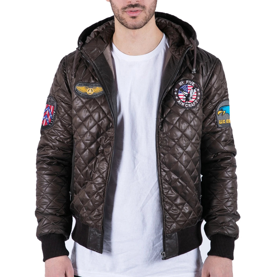 Pikowana kurtka puchowa męska z kapturem brąz odznaka bomber pilot siły powietrzne - Infinity Leather - 1