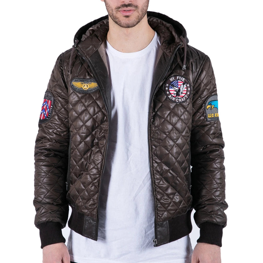 Pikowana kurtka puchowa męska z kapturem brąz odznaka bomber pilot siły powietrzne - Infinity Leather - 1