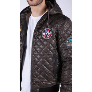 Pikowana kurtka puchowa męska z kapturem brąz odznaka bomber pilot siły powietrzne - Infinity Leather - 2