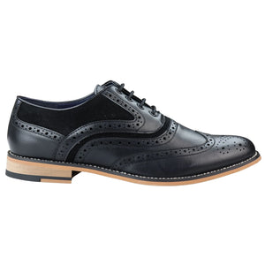 Mens Real Leather & Suede Laced Gatsby Brouges Smart Casual Designer Retro Shoes - Black - House of Cavani - 13