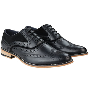 Mens Real Leather & Suede Laced Gatsby Brouges Smart Casual Designer Retro Shoes - Black - House of Cavani - 14