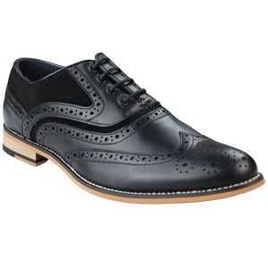 Mens Real Leather & Suede Laced Gatsby Brouges Smart Casual Designer Retro Shoes - Black - House of Cavani - 15