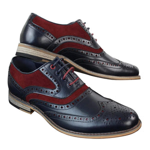 Mens Real Leather & Suede Laced Gatsby Brouges Smart Casual Designer Retro Shoes - Burgundy - House of Cavani - 6