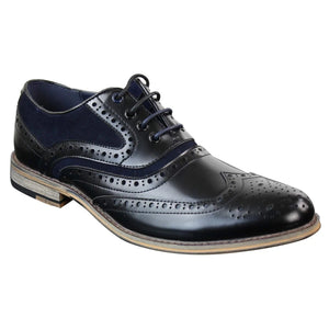 Mens Real Leather & Suede Laced Gatsby Brouges Smart Casual Designer Retro Shoes - Navy - House of Cavani - 1