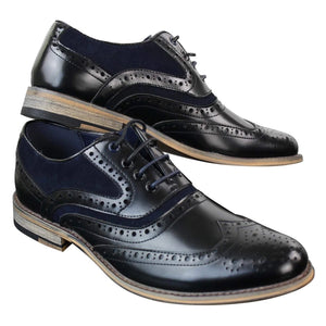 Mens Real Leather & Suede Laced Gatsby Brouges Smart Casual Designer Retro Shoes - Navy - House of Cavani - 2