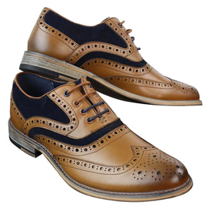 Mens Real Leather & Suede Laced Gatsby Brouges Smart Casual Designer Retro Shoes - Tan - House of Cavani - 10