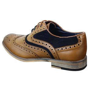 Mens Real Leather & Suede Laced Gatsby Brouges Smart Casual Designer Retro Shoes - Tan - House of Cavani - 12