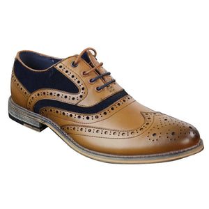 Mens Real Leather & Suede Laced Gatsby Brouges Smart Casual Designer Retro Shoes - Tan - House of Cavani - 9