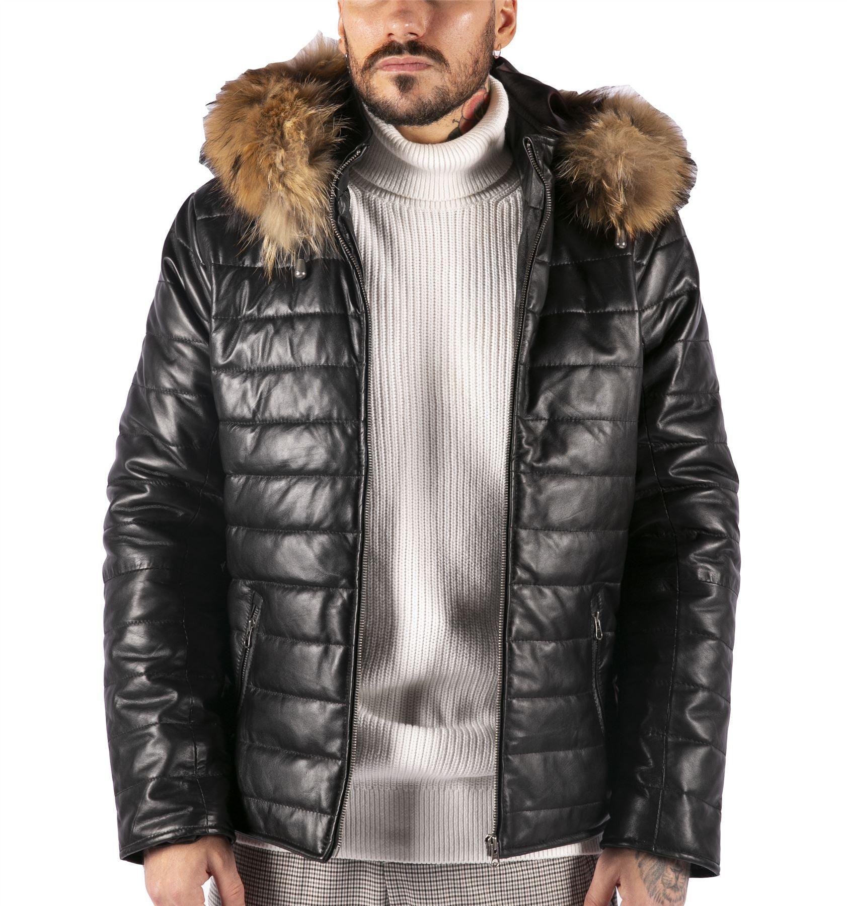 Mens Real Leather Black Puffer Jacket With Hood Retro Casual Warm Zipped-TruClothing
