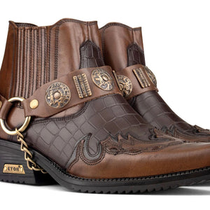 Botas de tobillo de vaquero estilo cocodrilo de cuero real para hombre Baile de tacón cubaño occidental - Marrón - Etor - 3