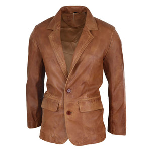 Men's Regular Fit Classic Leather 2 Button Tan Brown Blazer Jacket - Infinity Leather - 2