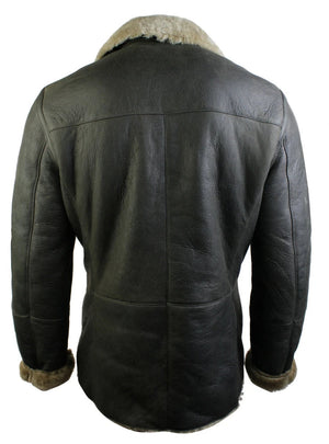 Men's Shearling German Navy Sheepskin Double Breasted Jacket Khaki Black - Olive - Infinity Leather - 10