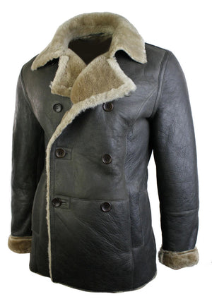 Men's Shearling German Navy Sheepskin Double Breasted Jacket Khaki Black - Olive - Infinity Leather - 7