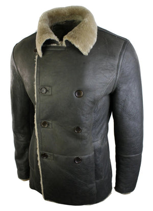 Men's Shearling German Navy Sheepskin Double Breasted Jacket Khaki Black - Olive - Infinity Leather - 8