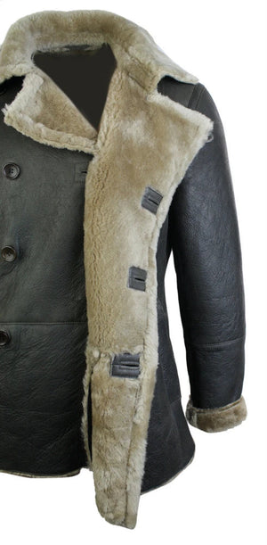 Men's Shearling German Navy Sheepskin Double Breasted Jacket Khaki Black - Olive - Infinity Leather - 9