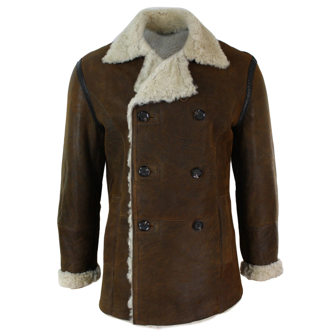 Men's Shearling German Navy Sheepskin Double Breasted Jacket Khaki Black - Tan - Infinity Leather - 1